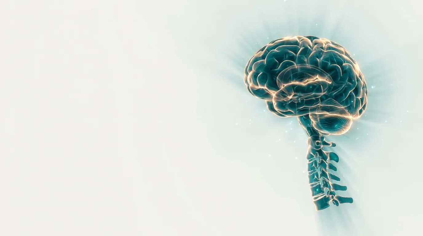 Ilustración de cerebro y columna en tonos teal y cobre