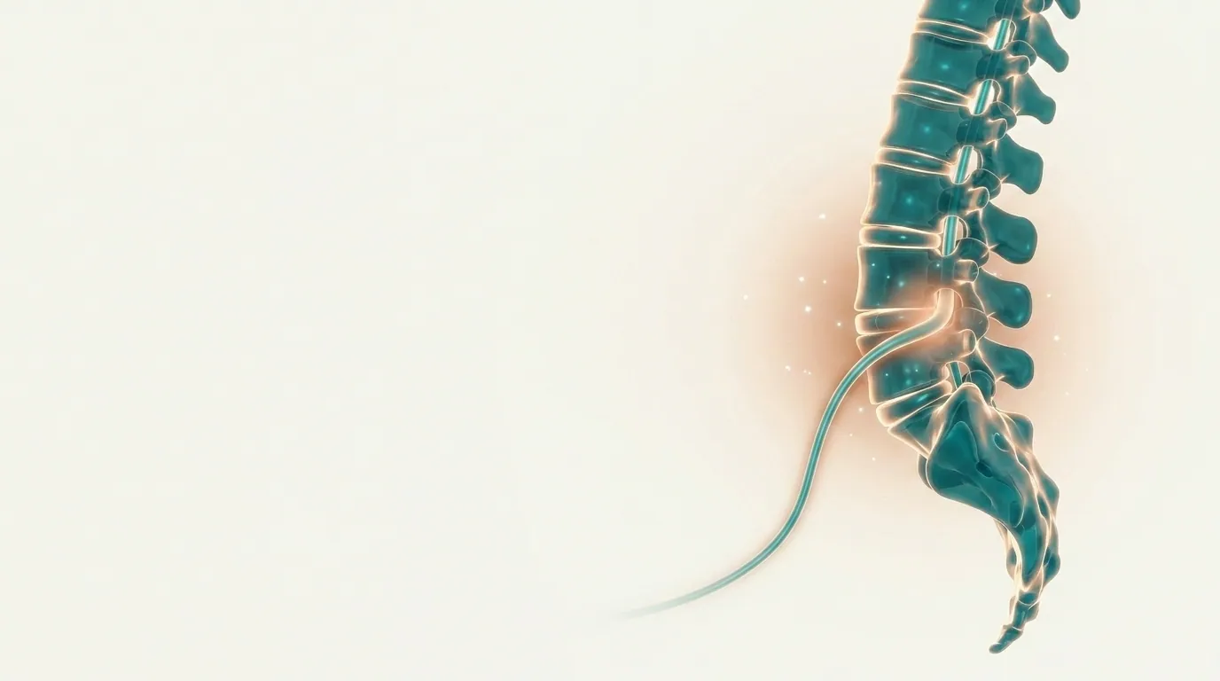 Ilustración de una columna lumbar en tonos teal con una zona de dolor resaltada