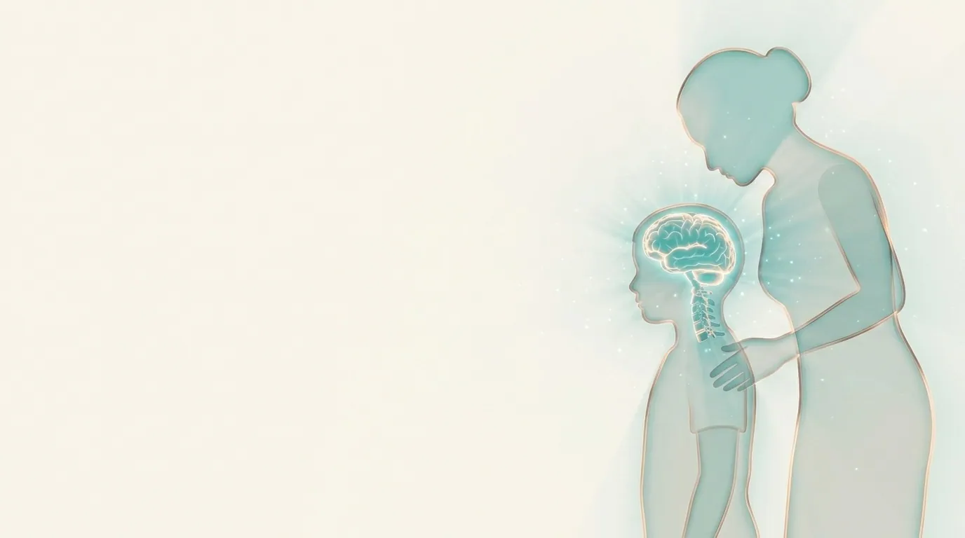 Ilustración de un niño y un adulto, con el cerebro resaltado en tonos teal